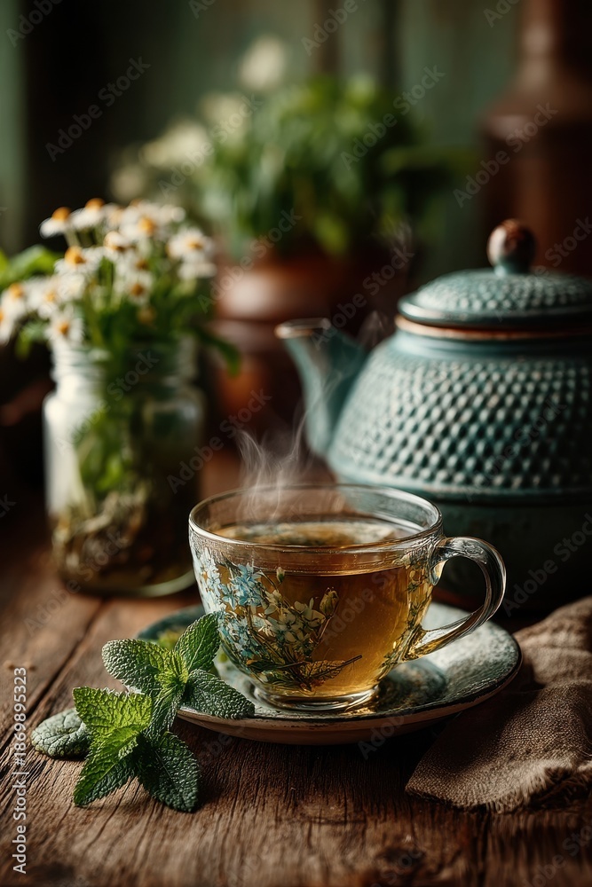 Fototapeta premium Herbal tea on a wooden table with steam, mint leaves, and a teal teapot centerpiece