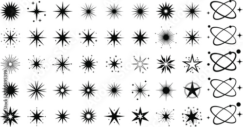 Star and atomic orbit icons, celestial symbol grid, scientific design set, black silhouettes, graphic elements, educational illustration pack