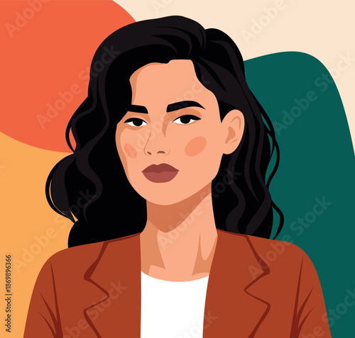 Vector portrait of a woman with dark hair wearing a brown jacket. Abstract pastel background with geometric shapes is ideal for business, fashion, and beauty projects, as well as social media avatars