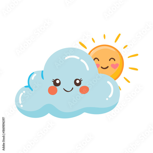 Happy yellow baby chick and bird characters celebrate Easter with eggs and flowers under a bright cartoon sun and clouds in a spring nature vector illustration