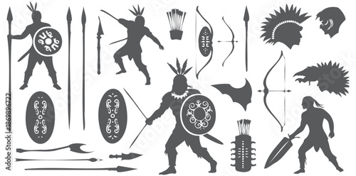 Ancient Warrior Silhouettes with Shields, Spears, and Bows on White Background