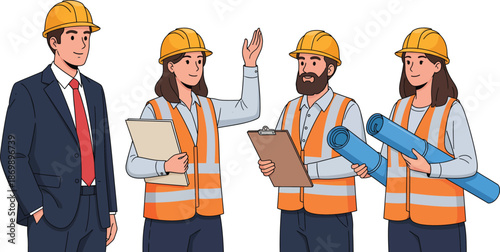 Team of construction workers and engineer in hard hats discussing plans and blueprints at site