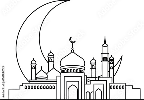 Mosque Silhouette with Crescent Moon and Stars, Islamic Architecture Line Art
