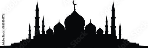 Mosque Silhouette with Crescent Moon Symbol and Minarets, Islamic Architecture