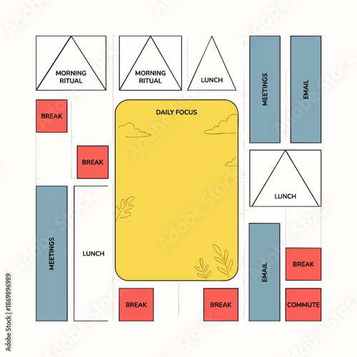 Daily schedule and focus planner with time blocks for morning ritual, meetings, lunch, breaks, email, and commute