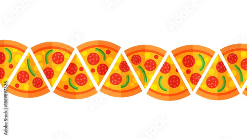 Seamless horizontal border of pepperoni pizza slices with green peppers and cheese arranged in an alternating pattern, flat vector illustration for pizzeria menu design and food branding