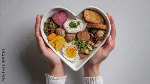 Heart-Shaped Bowl with Fresh Healthy Salad Held in Hands, Healthy Eating Concept
