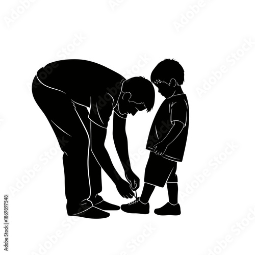 A silhouette of a man helping a young boy tie his shoelaces on a plain white background.