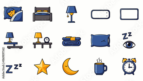 Sleep and Bedtime Icons Set: Flat design illustrations for rest, relaxation, and a good night. Includes bed, pillow, moon, star, lamp, and alarm clock.