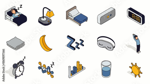 Isometric sleep and morning routine icon set for wellness and healthy lifestyle. Includes bed, alarm clock, stretching, banana, water, and relaxation symbols.