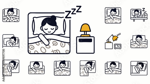 Set of icons depicting people sleeping in bed, different sleeping positions and bedroom elements