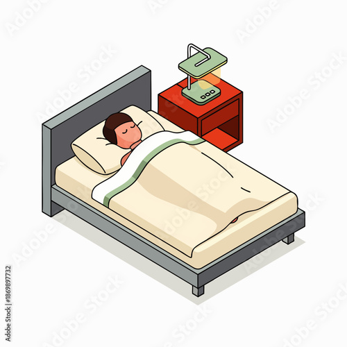 A person sleeping peacefully in bed next to a nightstand with a lamp on, representing rest and relaxation.