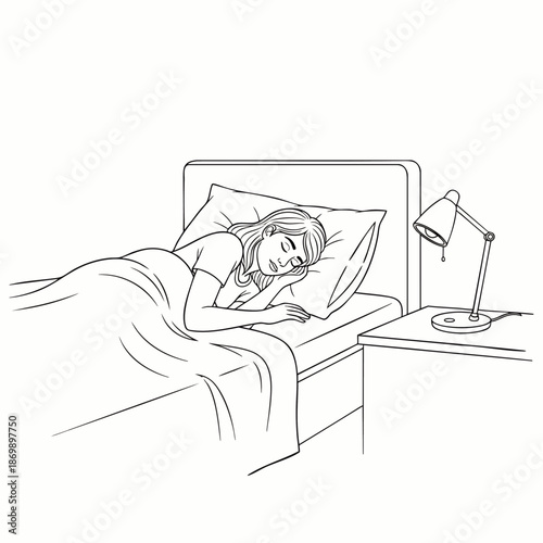 Woman sleeping peacefully in bed next to a nightstand with a lamp, illustration