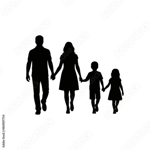 Black silhouette of happy family with parents and two children walking together holding hands, symbolizing unity, parenting love, childhood care, and strong generation bonding.