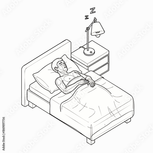 Man sleeping peacefully in bed at night, bedside lamp on, comfort and rest