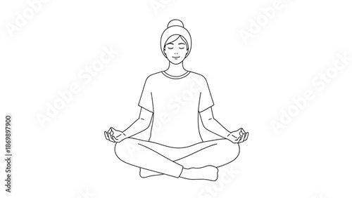 Line art illustration of a serene individual practicing mindful meditation, embodying peace and relaxation in a seated yoga pose, promoting wellness and inner calm