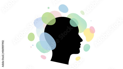 Conceptual silhouette of a human head with colorful, fluid shapes, representing the mind's dynamic processes, creative thinking, mental well-being, and diverse ideas