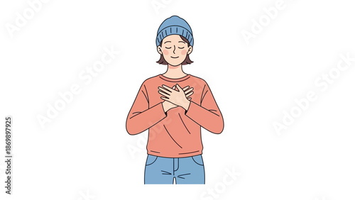 Peaceful young woman shows gratitude and self-love, hands crossed over chest in a heartfelt gesture of appreciation and inner calm, promoting emotional well-being and mindful living
