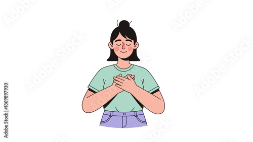 Digital illustration of a young woman expressing heartfelt gratitude and self-love, embracing inner peace and emotional well-being with a gentle gesture