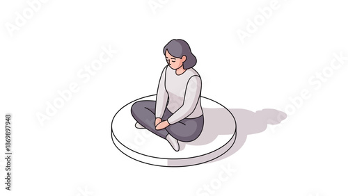 Serene woman in a meditative pose, an isometric illustration representing deep contemplation, mindfulness, mental well-being, and inner peace on a minimalist platform