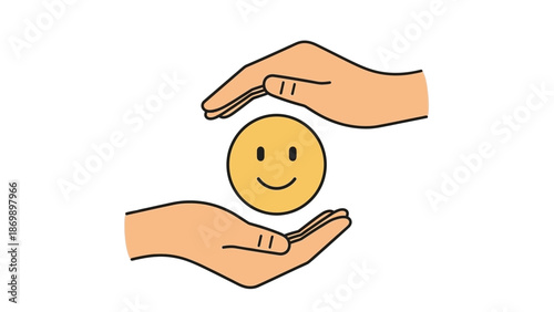 A heartwarming graphic illustrating open hands protecting a smiling emoji, conveying themes of emotional security, personal well-being, empathy, and the importance of providing care and support