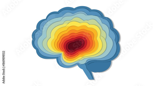 Vibrantly layered illustration of the human brain, featuring a detailed paper-cut style depicting neural activity, complex thought, and mental processes