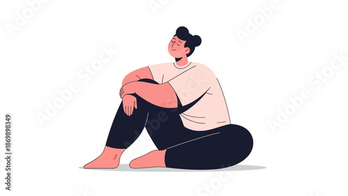 Minimalist illustration of a relaxed person sitting peacefully, hugging knees. This artwork conveys calm reflection, well-being, and self-care, ideal for mindfulness theme