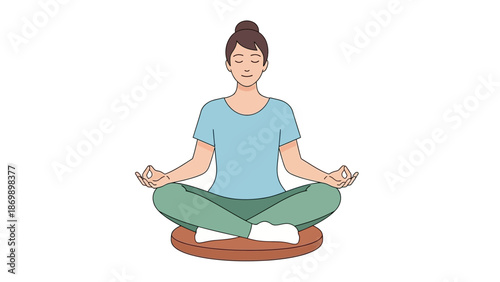 Calm young woman meditating in lotus pose on cushion, achieving mental clarity and stress relief for inner peace and holistic wellness