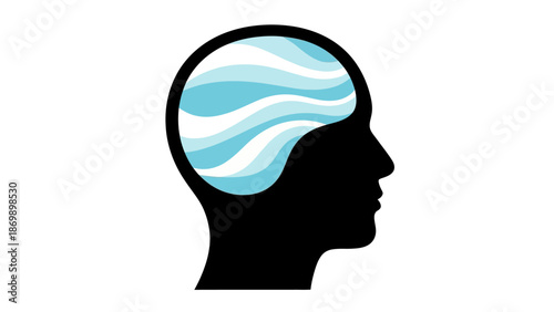 Conceptual illustration of a human head with flowing blue wavy patterns, symbolizing mental clarity, creative thinking, inner peace, and the dynamic flow of consciousness