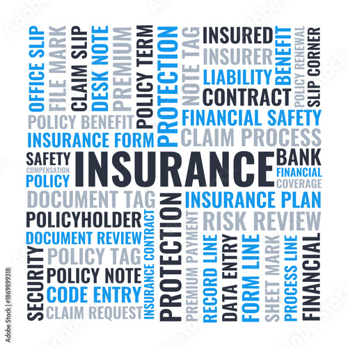 Insurance word cloud design, insurance contract and claim process theme in modern square layout