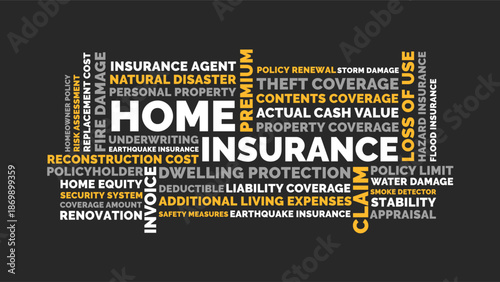 Home insurance word cloud for marketing and presentations, home insurance word cloud on dark background