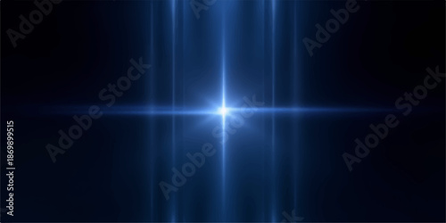 Abstract Bright blue light beam shining through darkness with lens flare effect
