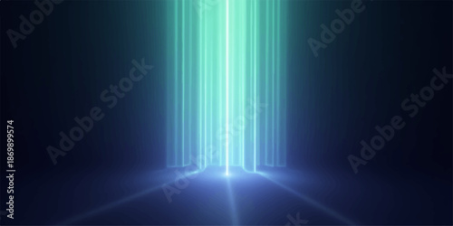 Abstract Bright blue light shining through a dark corridor or hallway with vertical lines