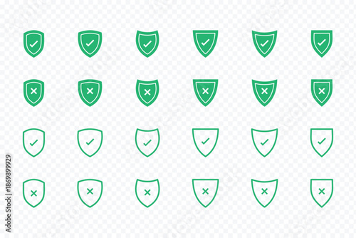 Green checkmark shield and red cross shield symbols for approval and rejection. Green checkmark and red x on shields indicating approval and rejection Shield icons showing approved and rejected status