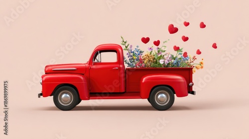Red Vintage Pickup Truck Filled with Colorful Flowers and Floating Hearts on Pastel Background