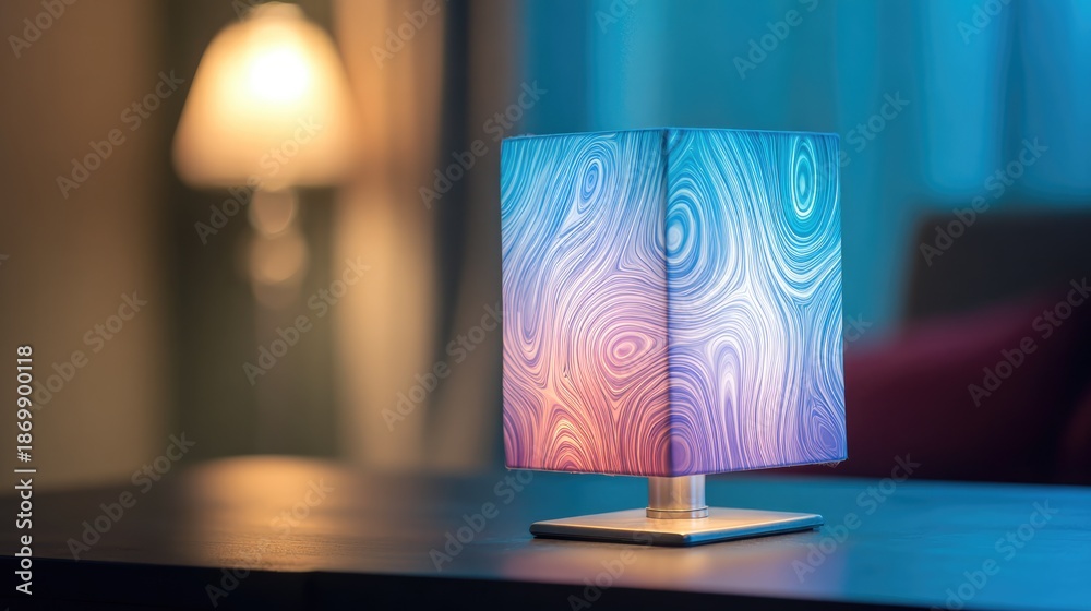 Fototapeta premium Modern Decorative Table Lamp with Colorful Patterned Shade at Night