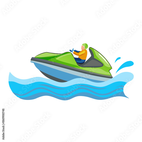 Man riding green jet ski on wavy blue water