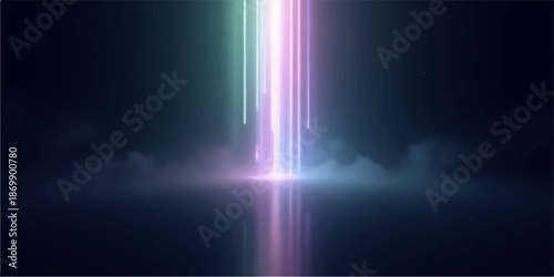 Vibrant colored light beam shining brightly in dark space with smoke effect