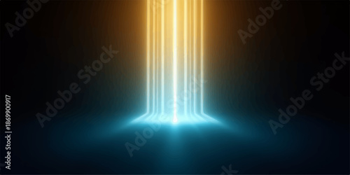 Vibrant beam of light shining down from top to bottom in a dark space