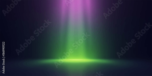 Colorful spotlight shining down on a dark background with vibrant purple and green hues