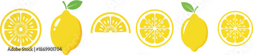 Lemon fruit vector collection. Whole, half, and slice chopped flat illustrations.eps
