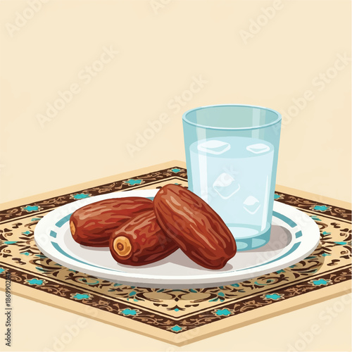 Ramadan Iftar Concept Dates and Water on Plate with Patterned Mat