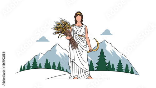 Beautiful ancient greek goddess standing in nature holding a bunch of wheat and a sickle symbolizing harvest and agriculture.