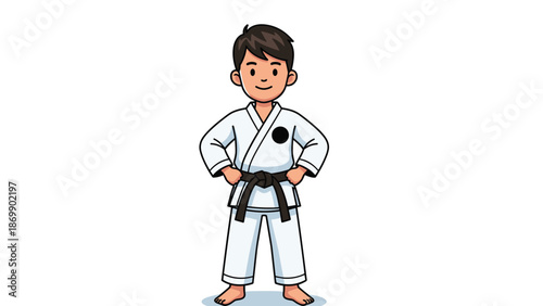 Confident young boy wearing a white karate gi and black belt standing in a martial arts pose isolated on a white background.