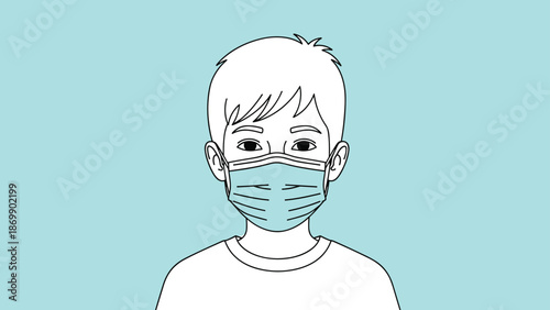 Young boy wearing a blue protective medical face mask for health and safety against viruses or pollution on blue background.
