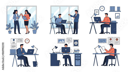 Diverse office scenes showing professionals working on computers, collaborating with colleagues, and focusing on tasks.