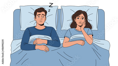 Concerned woman lying awake in bed at night while her husband sleeps peacefully, depicting relationship or health issues.