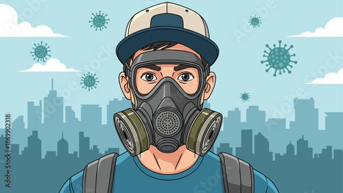 Man wearing a heavy duty gas mask and cap in a polluted city setting filled with flying virus particles or bacteria.