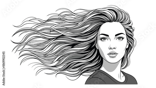 Artistic illustration of a beautiful woman with long flowing hair blowing in the wind, showing elegance and style.