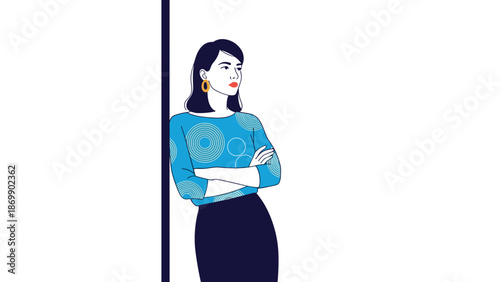 Confident young woman leaning against a vertical bar with her arms crossed, wearing a stylish blue patterned top.